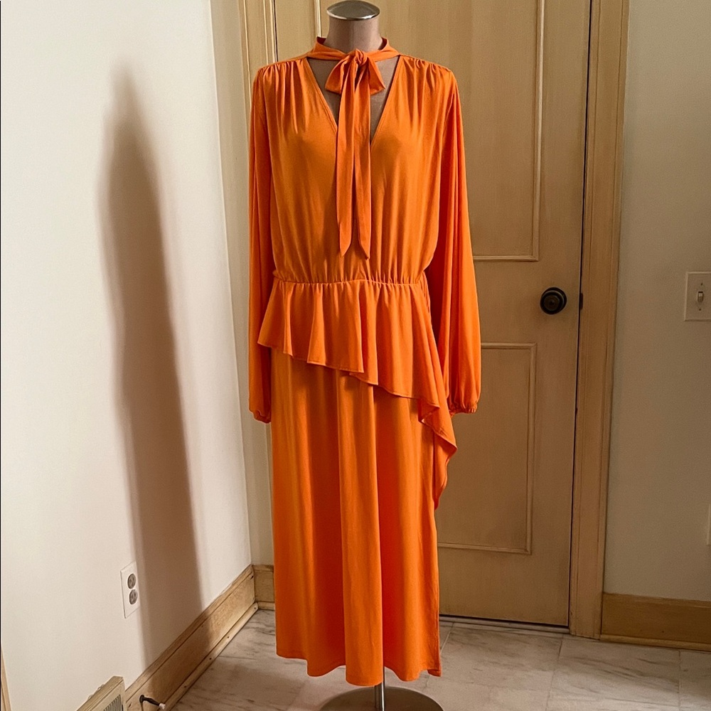 ELOQUII NWT Party Career Tie Neck Asymmetrical Peplum L. Puff SLV Orange Midi 18